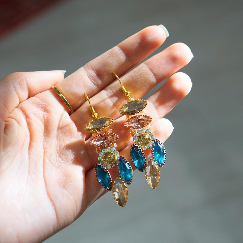 Boucles d'oreilles en cristal bleu vert, boucles d'oreilles pendantes en cristal - artisanat Tunisien fait main | ILEYCOM