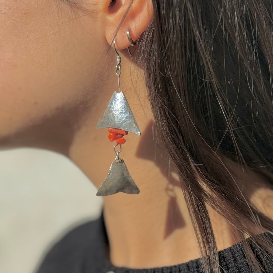 Boucles d'oreilles poisson corail naturel en Argent 850 - (2,5 × 6 cm ) - artisanat Tunisien fait main | ILEYCOM