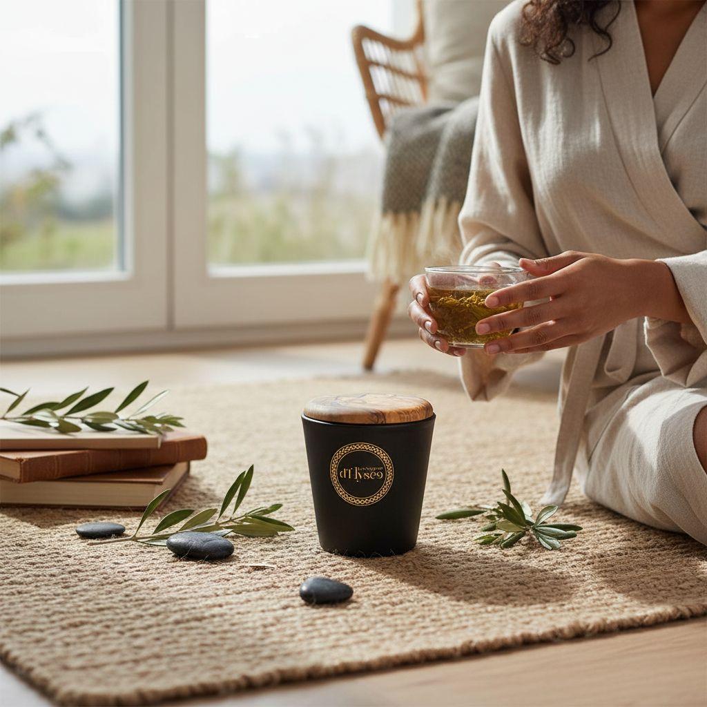 Bougie parfumée en bois d'olivier — vue détaillée. Artisanat tunisien.