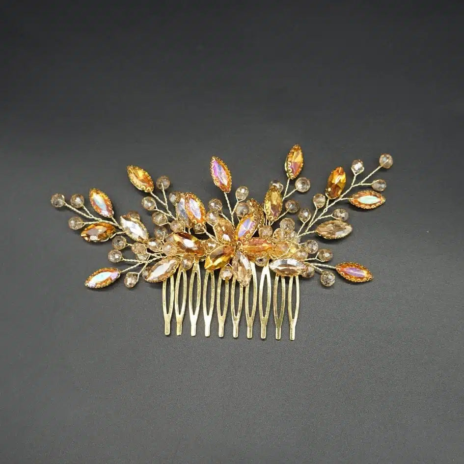 Broche cheveux dorée fleur , modelé Peigne en cristal