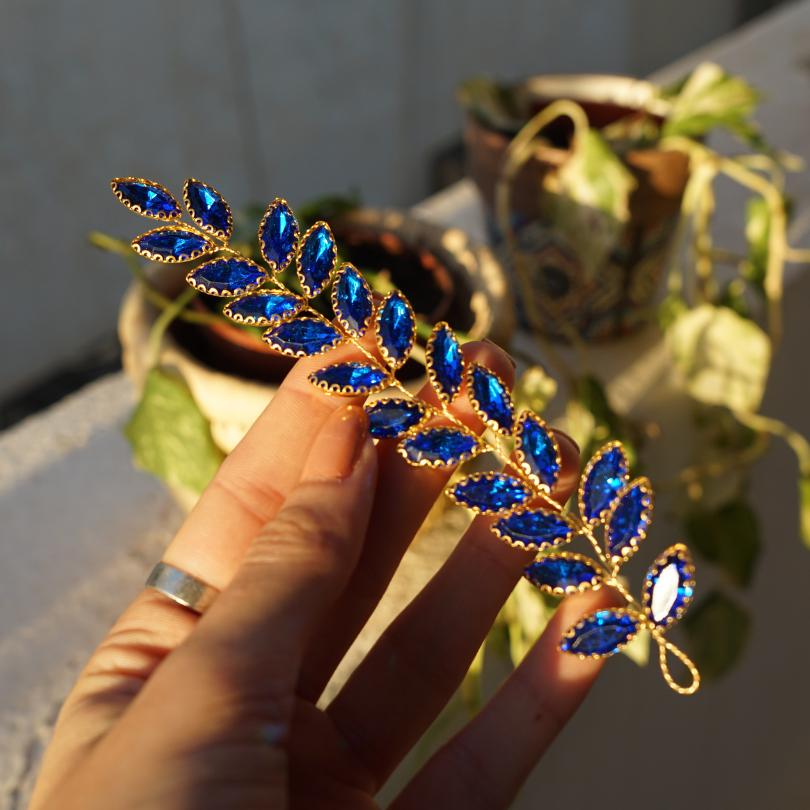 Broche en cristal bleu, Vigne de cheveux mariage bleu, bijoux de cheveux bleu, p - artisanat Tunisien fait main | ILEYCOM