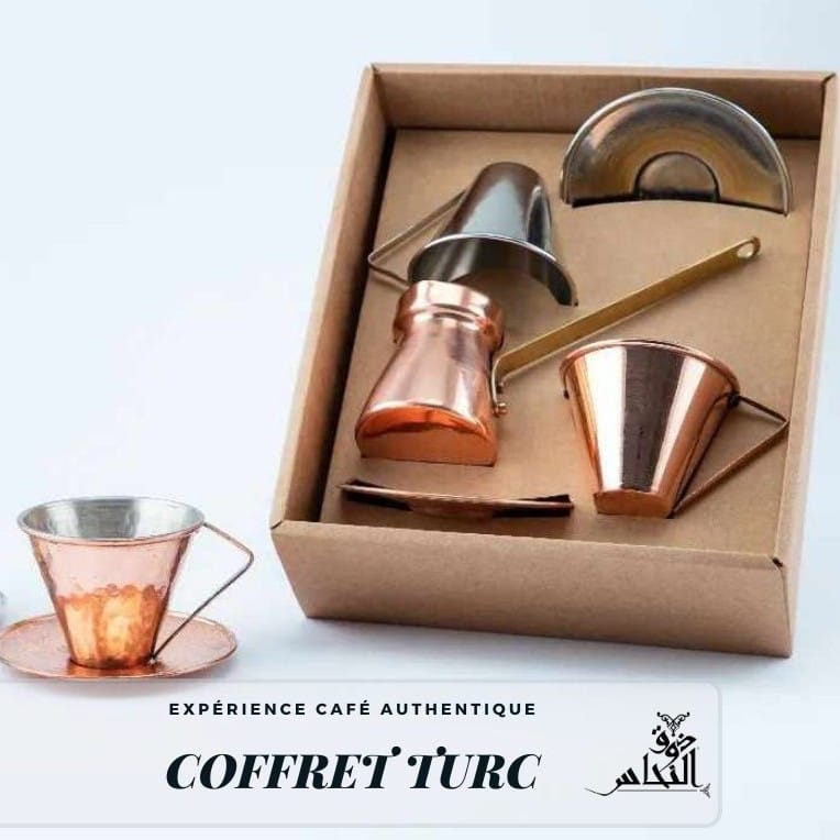 Turkish Hammered Copper Set - Cup + Saucer + Zazoua (Silver/Rose Finish)