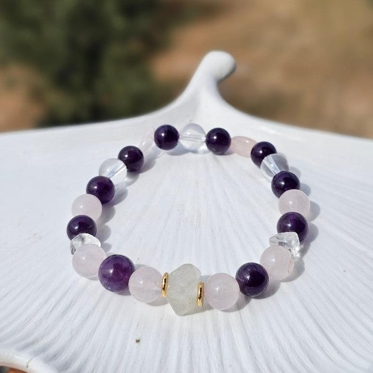 "The Libra Love"; bracelet Femme Balance en quartz rose,cristal de roche et améthyste