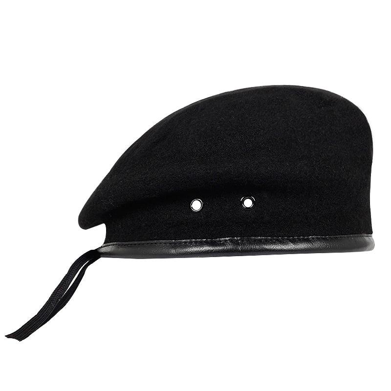Béret Militaire Noir en Laine avec Bordure en Cuir