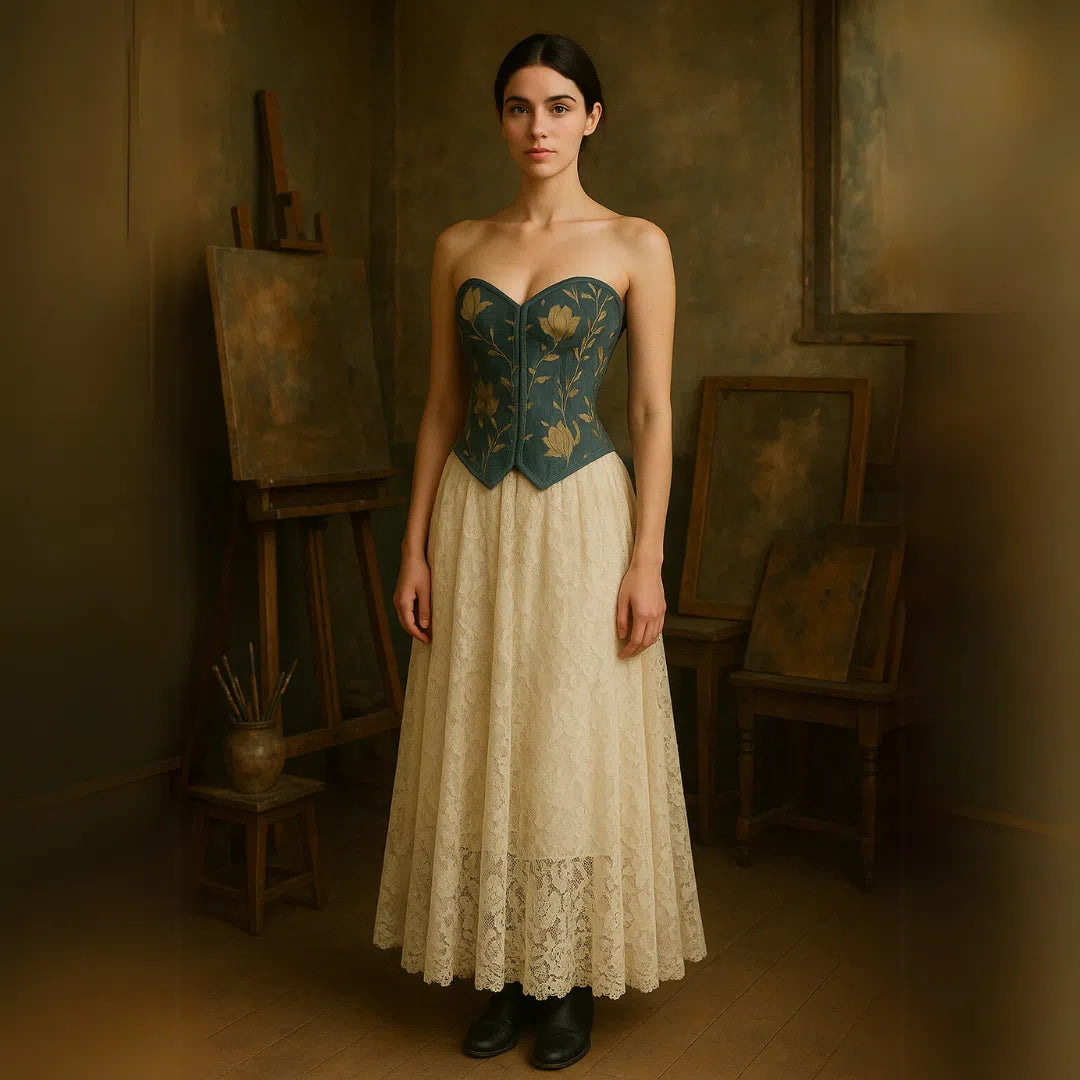 Corset peint main et jupe dentelle vintage bohème