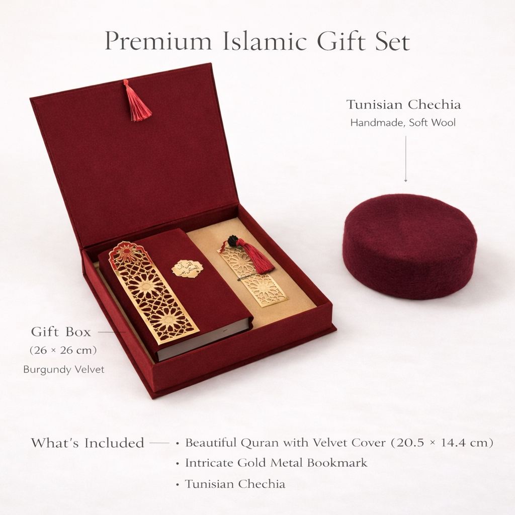 Coffret Coran rouge avec marque-page à l’ambre et chechia