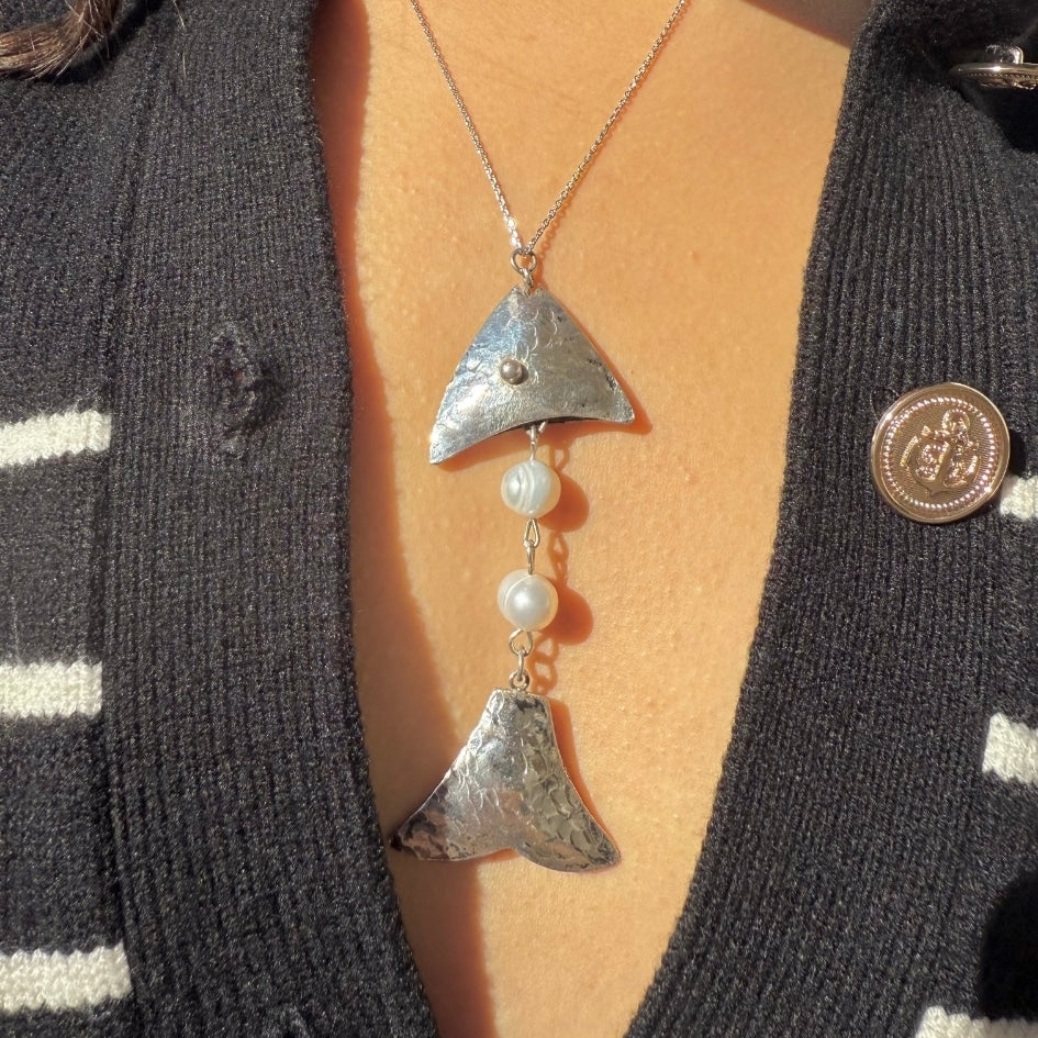 Collier en argent 850 avec pendentif poisson et perle - artisanat Tunisien fait main | ILEYCOM