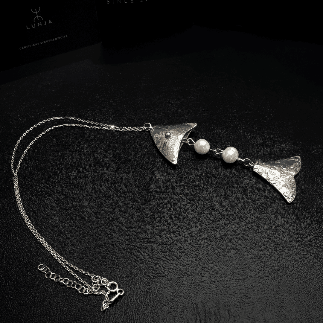 Collier en argent 850 avec pendentif poisson et perle - artisanat Tunisien fait main | ILEYCOM