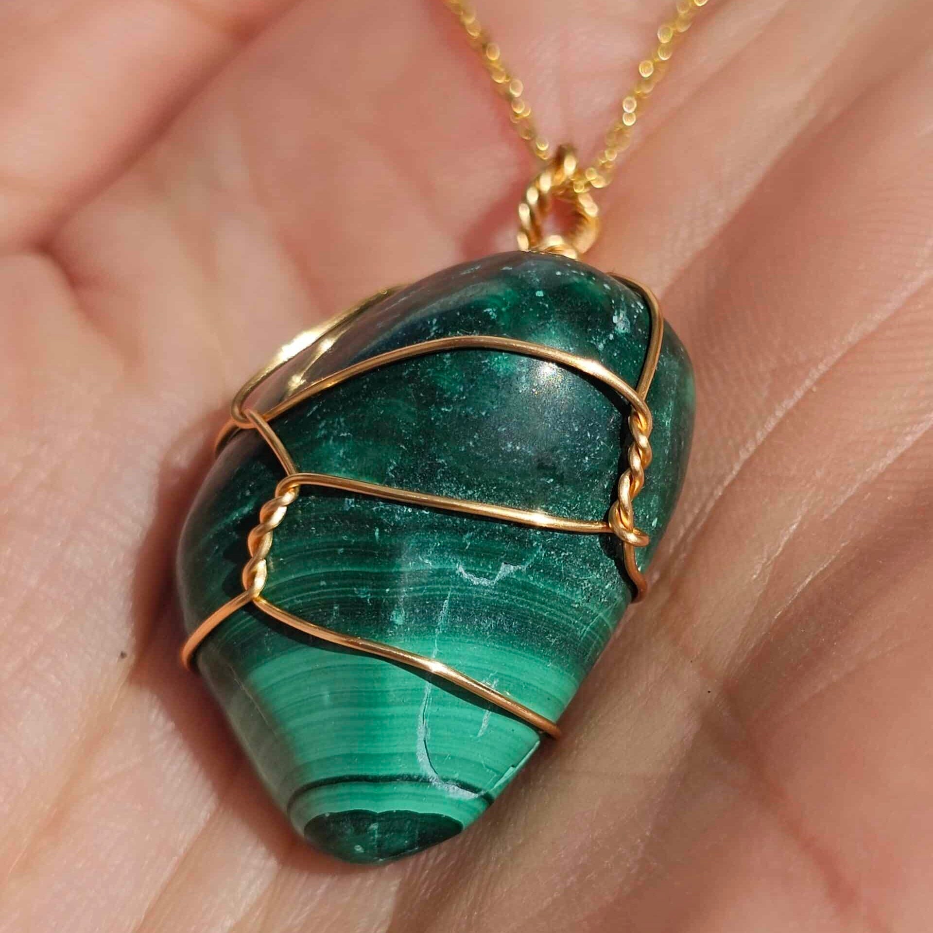 Collier en argent 925 plaqué or 18k avec pendentif en malachite polie (45 cm) - artisanat Tunisien fait main | ILEYCOM