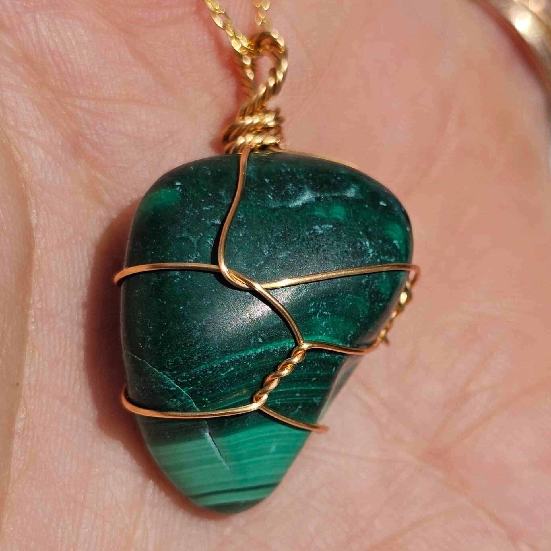 Collier en argent 925 plaqué or 18k avec pendentif en malachite polie (45 cm) - artisanat Tunisien fait main | ILEYCOM