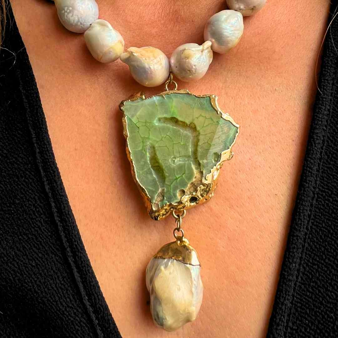 Collier en Perles Baroques avec Broche en Stalactite 100% Naturel - Élégance Uni - artisanat Tunisien fait main | ILEYCOM