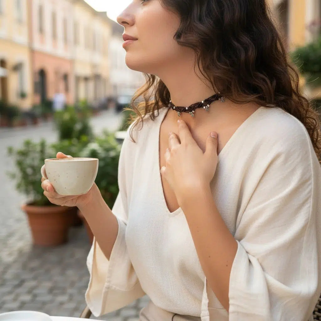 Collier macramé marron élégant avec charms argentés exclusifs