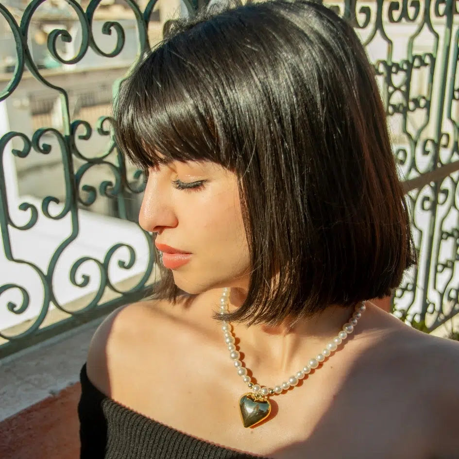 collier perle blanc motif doré cœur fait main ajustable exclusif