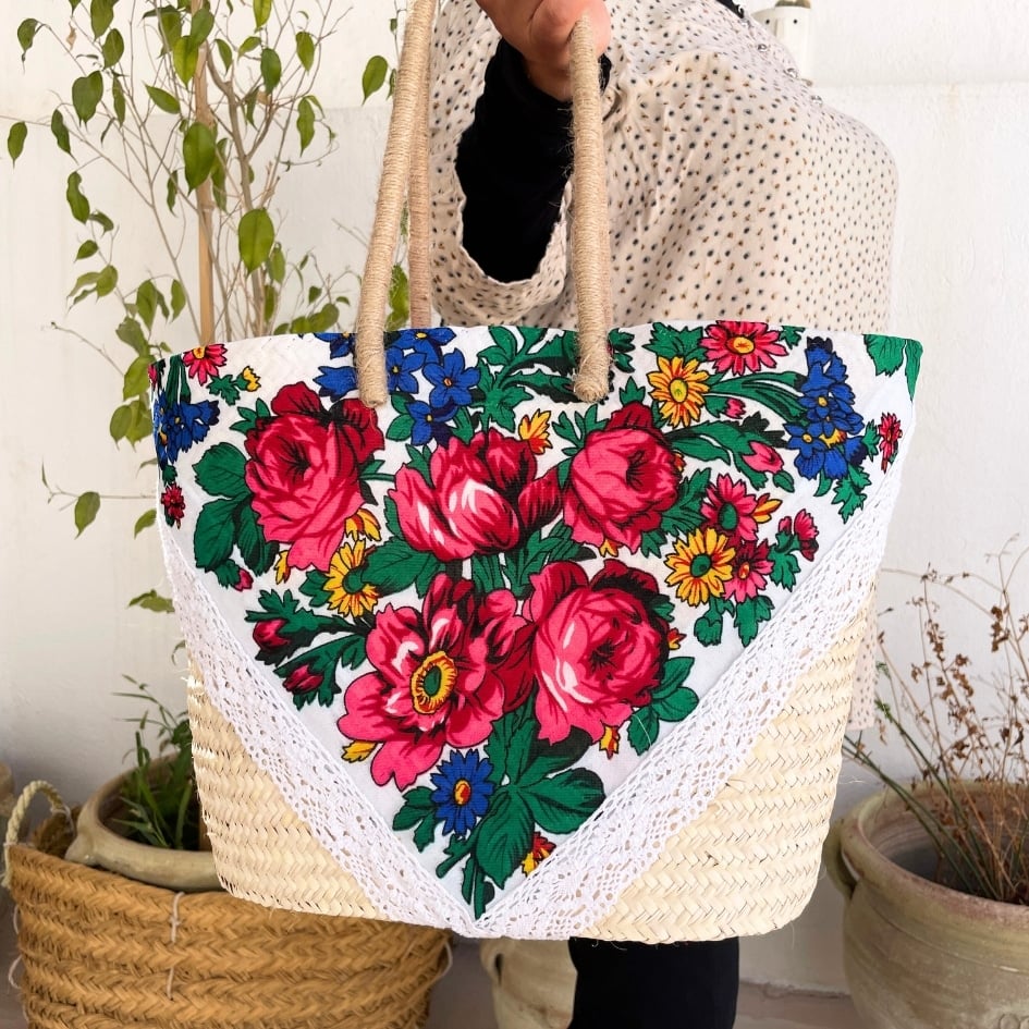 couffin traditionnelle revisité avec détails en foulard tunisienne vintage avec - artisanat Tunisien fait main | ILEYCOM