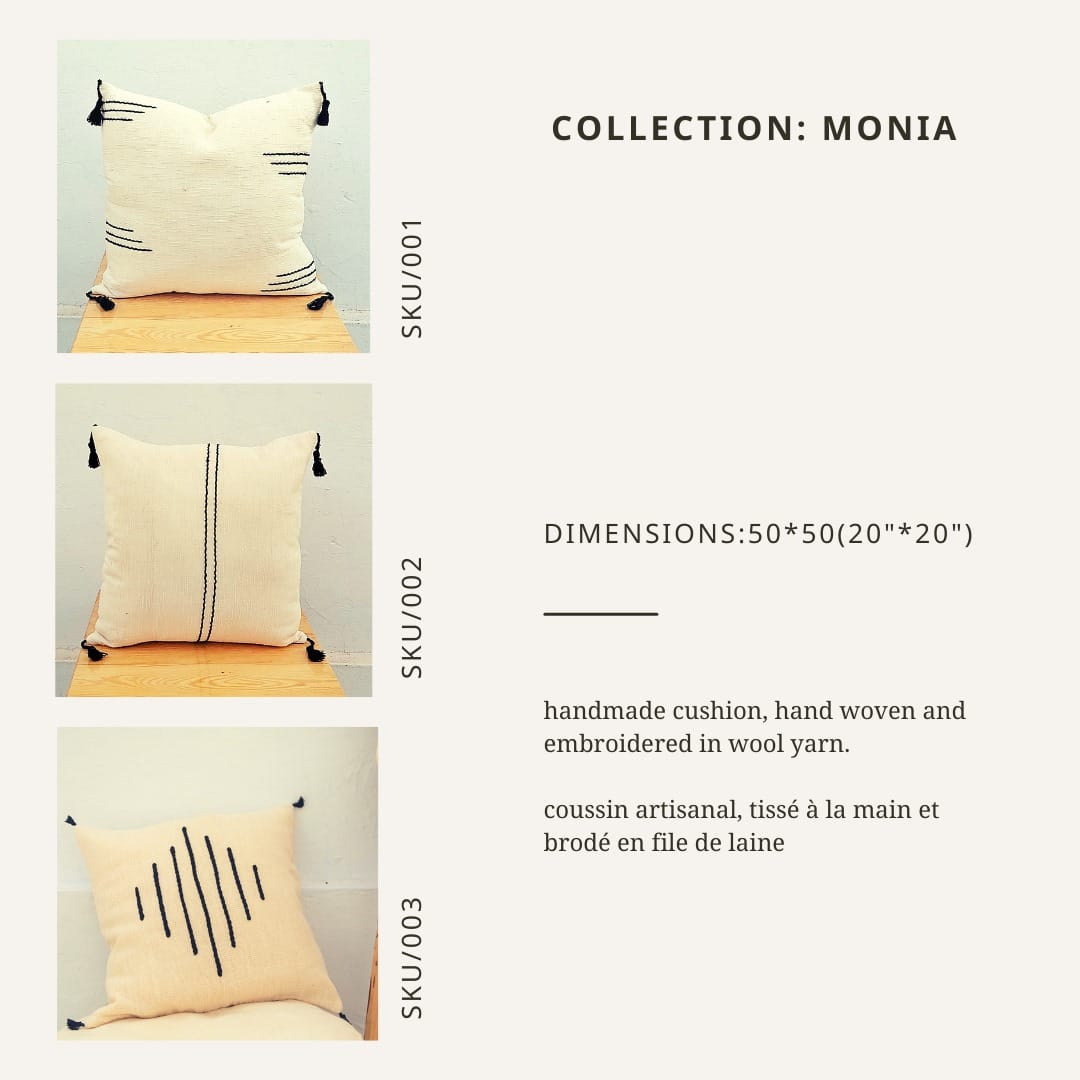 Coussin Beige en Laine avec Motifs Noirs – Artisanal et Écologique - artisanat Tunisien fait main | ILEYCOM