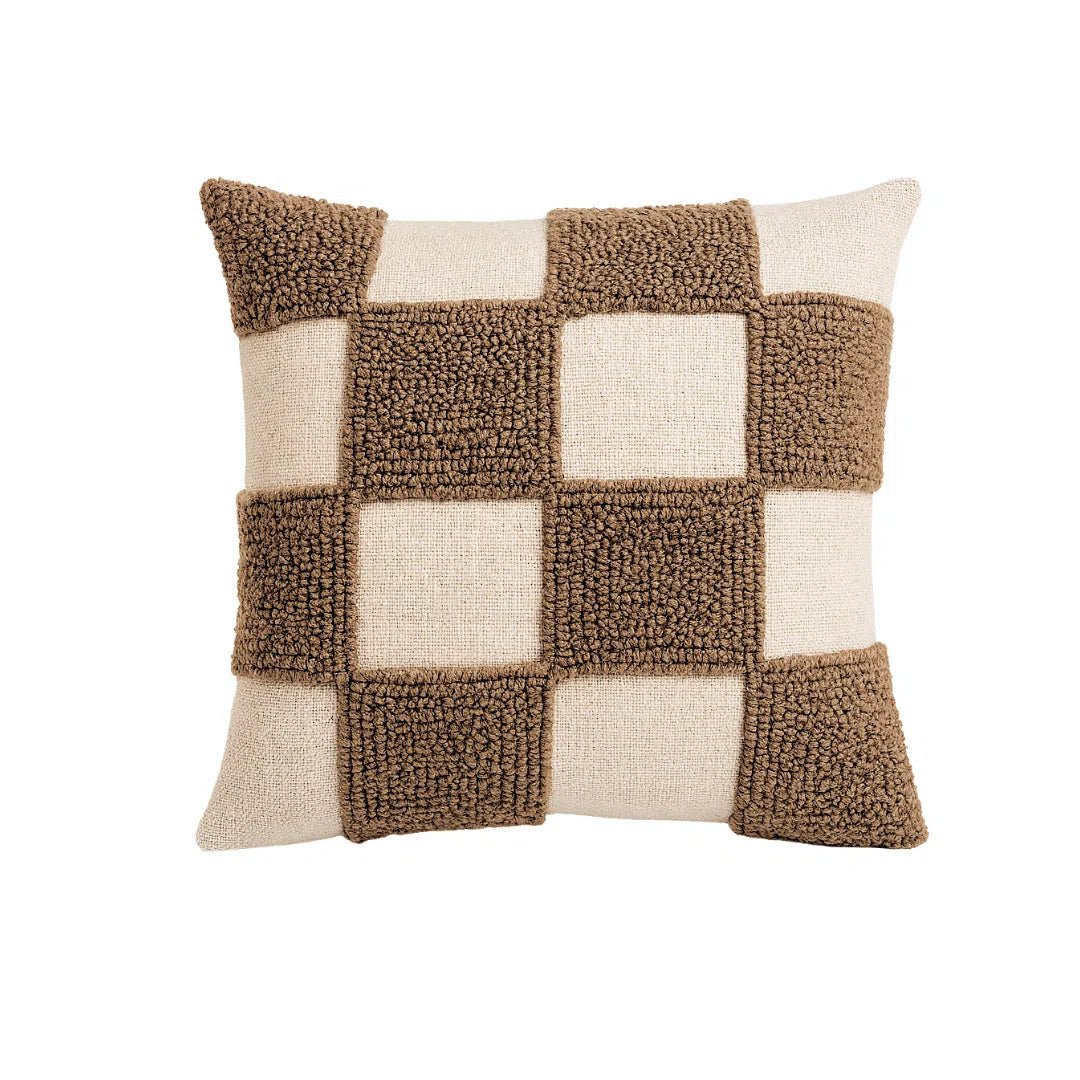 Coussin carré brodé main en carreaux – Tissu doux coloris grège 40x40 cm