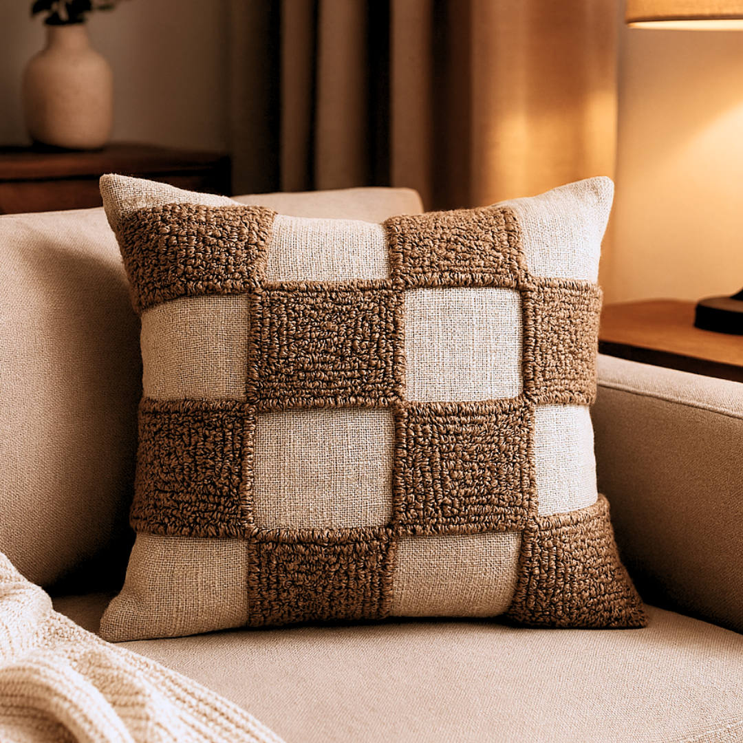 Coussin carré brodé main en carreaux – Tissu doux coloris grège 40x40 cm