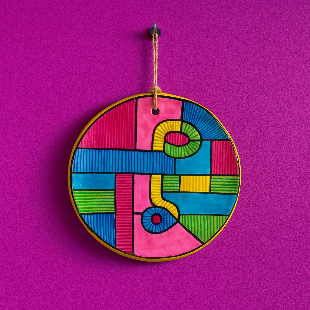 Décoration murale rond de mur visage coloré en poterie de Sejnane