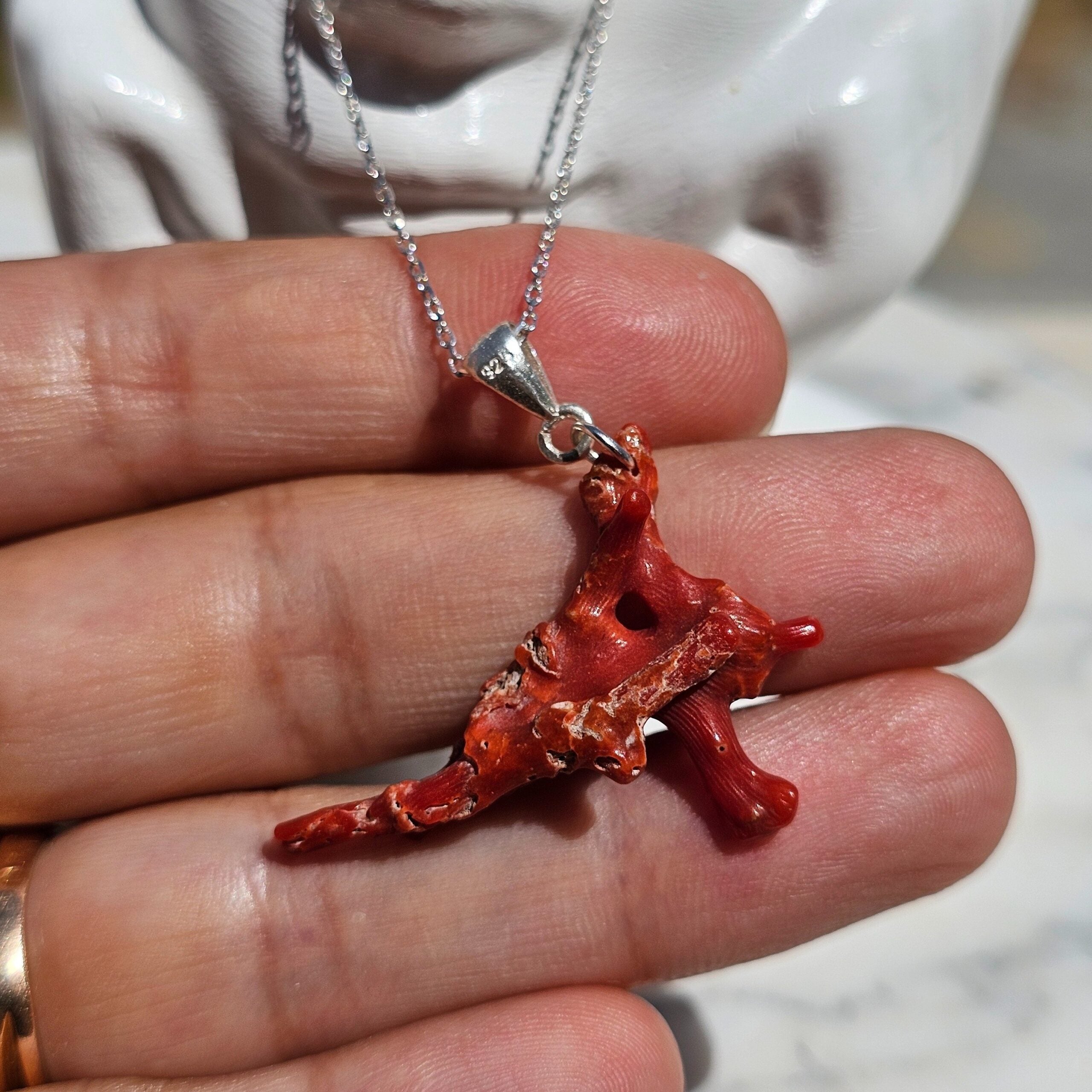 Collier corail rouge naturel argent 925