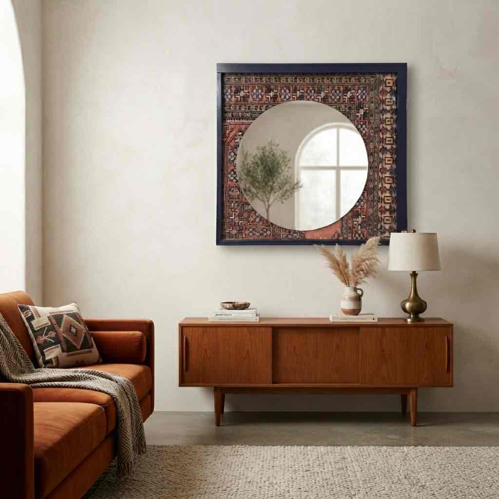 Miroir artisanal LED en tapis recyclé – Pièce unique faite main