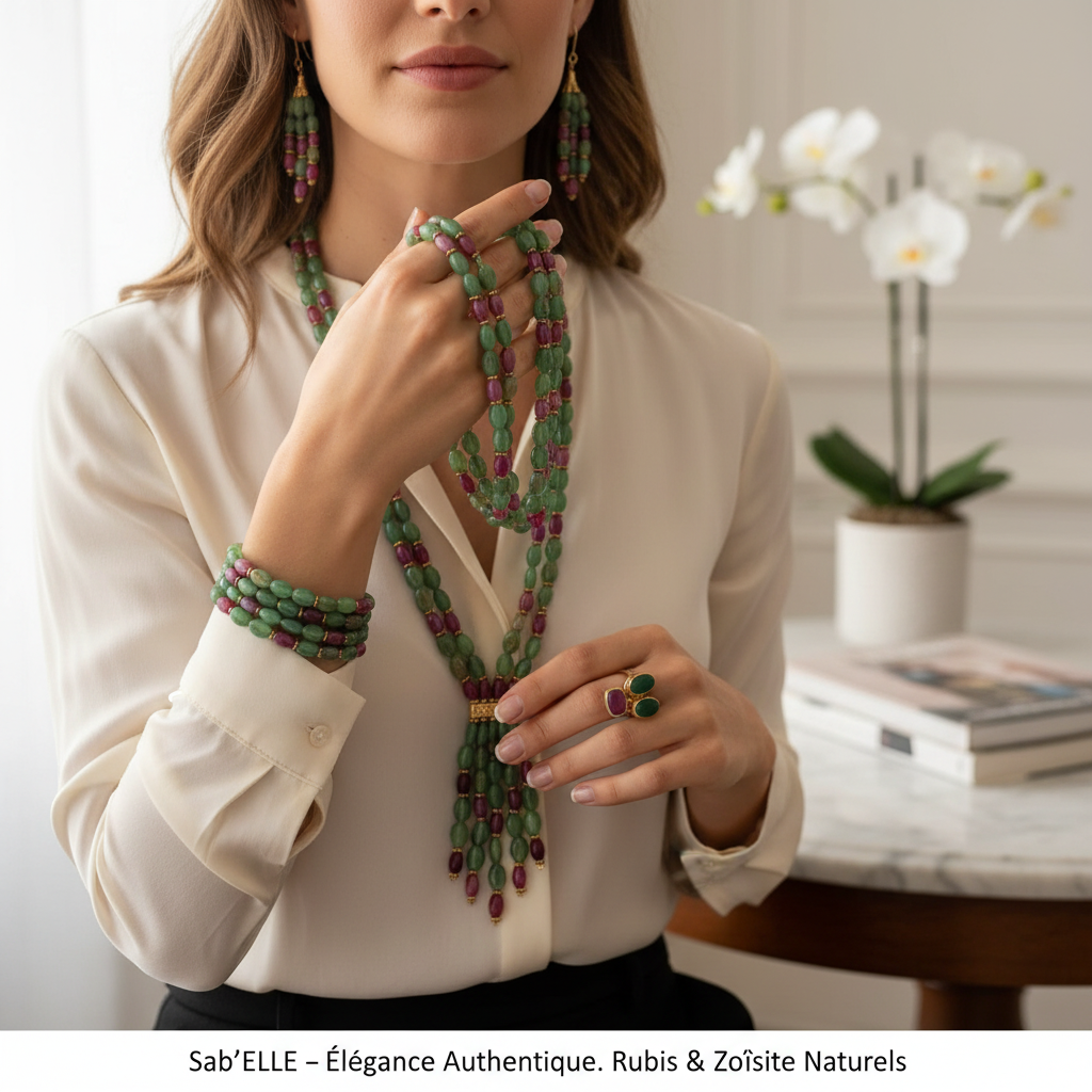Ensemble Bijoux Rubis et Zoïsite Naturels - Élégance Colorée et Luxe