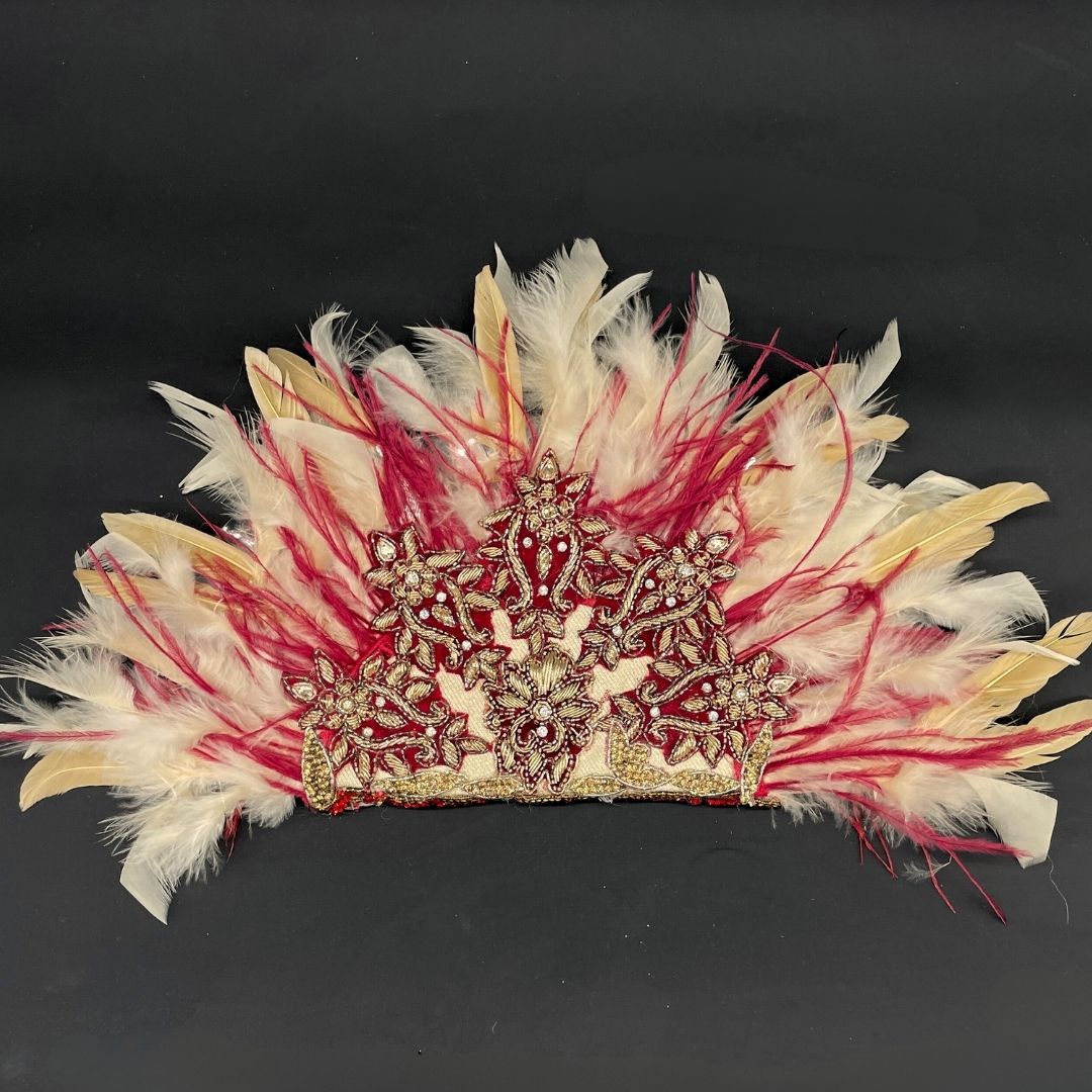 Eventail Festif Doré et Rouge avec Plumes et Strass - artisanat Tunisien fait main | ILEYCOM