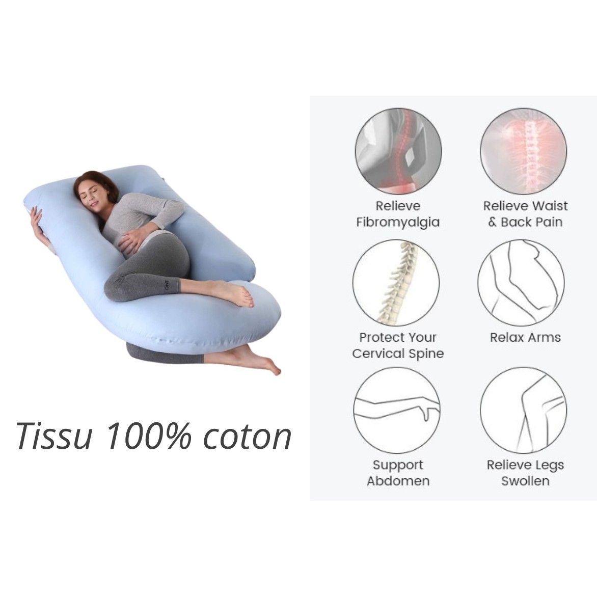 Coussin grossesse géant bleu lavable confort ultime 139x73cm 100 coton