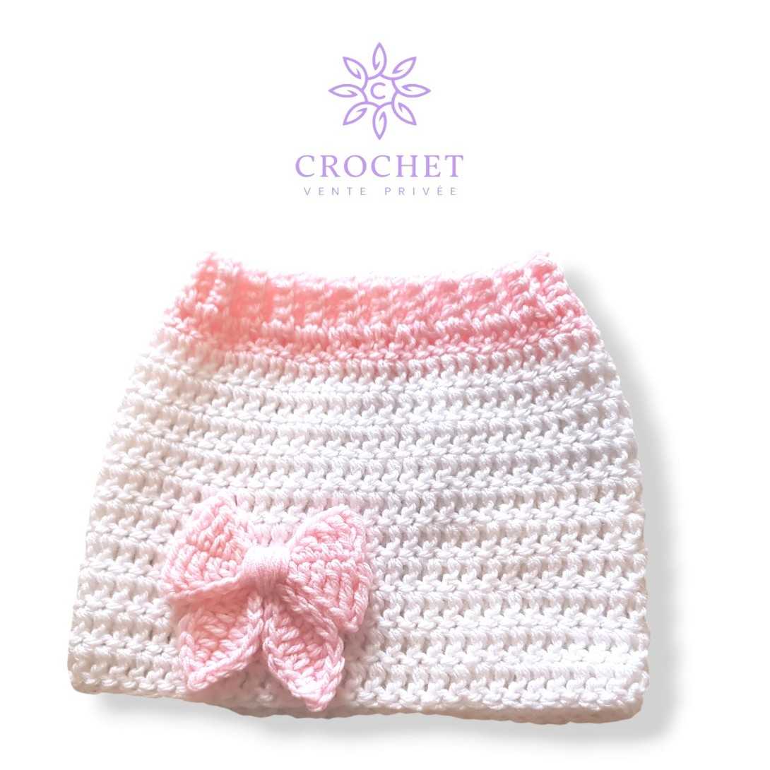 Set en crochet (Cardigan+jupe+cache biberon+bande a cheveux) bébé blanc et rose pour fille 6-12 mois tendance