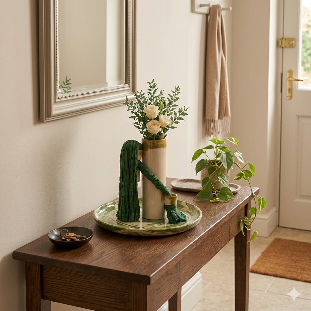 Vase céramique beige et vert avec corde tressée élégante