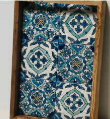 Plateau bois d'olivier et céramique bleu ciel 30x20 cm premium