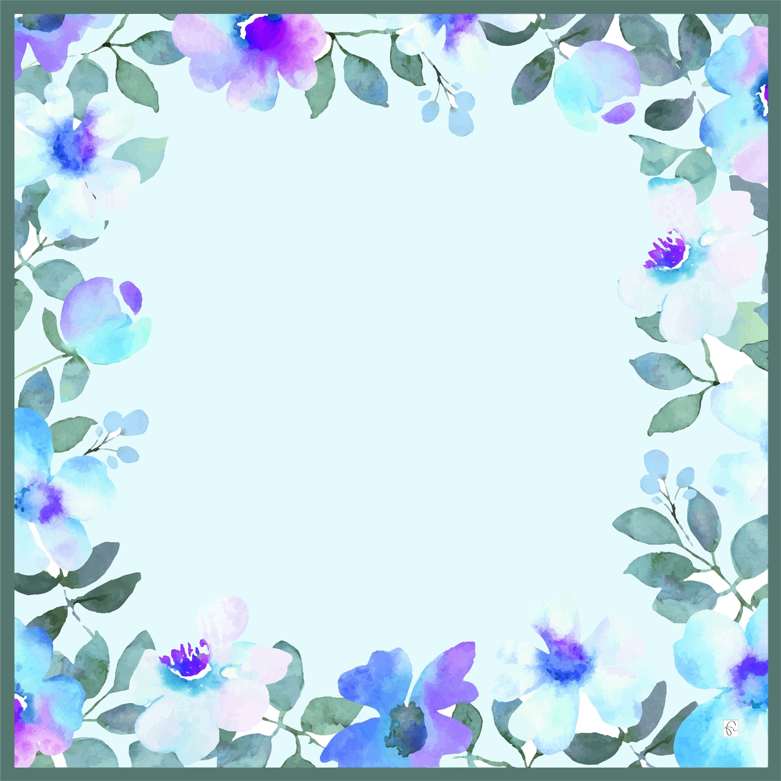 Natural silk scarf in blue and floral patterns "Fullfilled intentions"