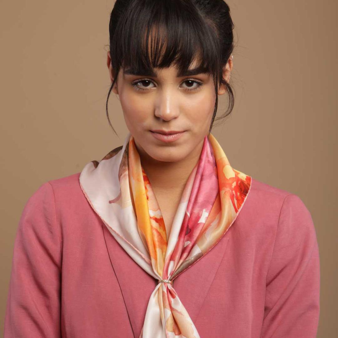 Red and yellow natural silk scarf "Falling in love"