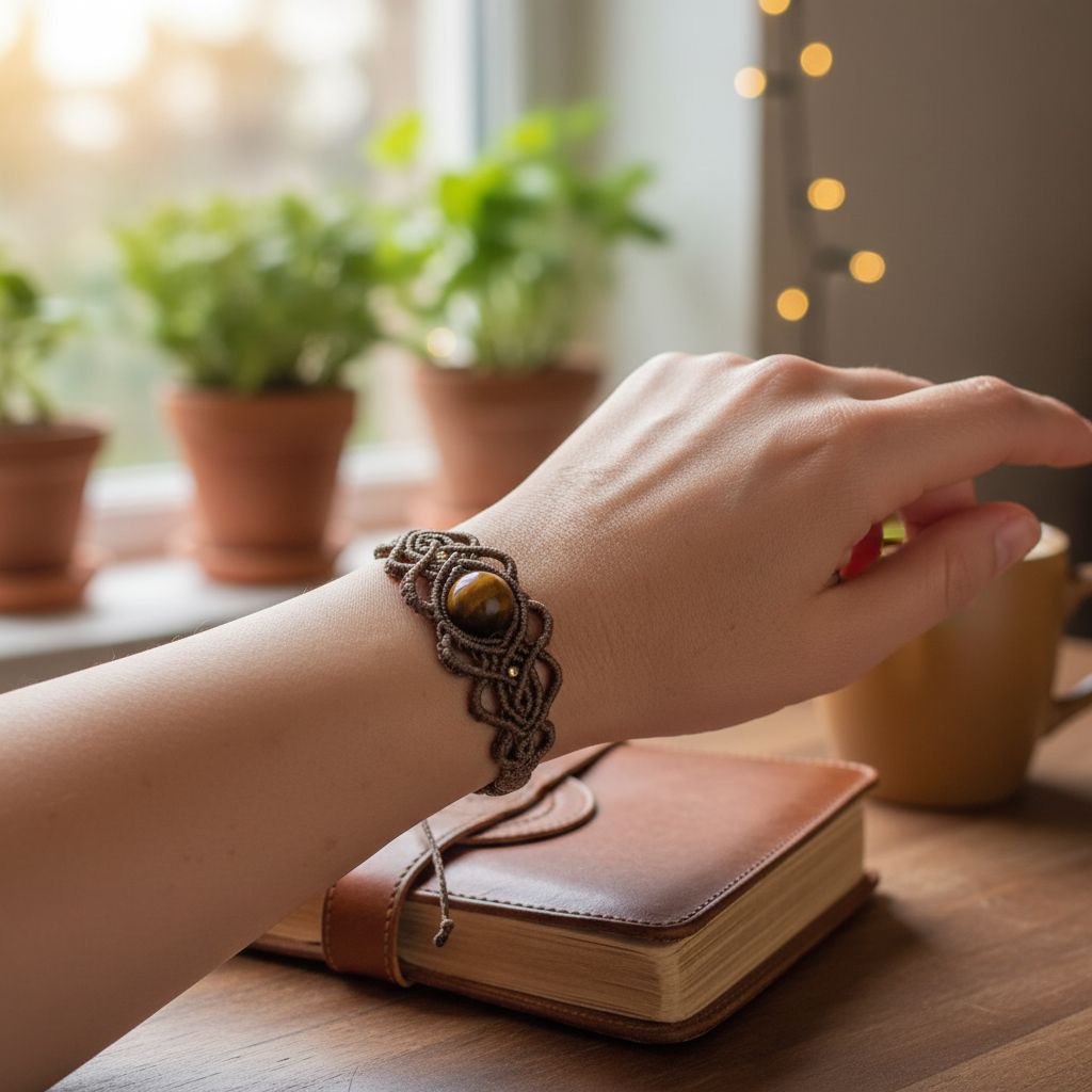 Bracelet micromacramé fait main avec œil de tigre motif arabesque