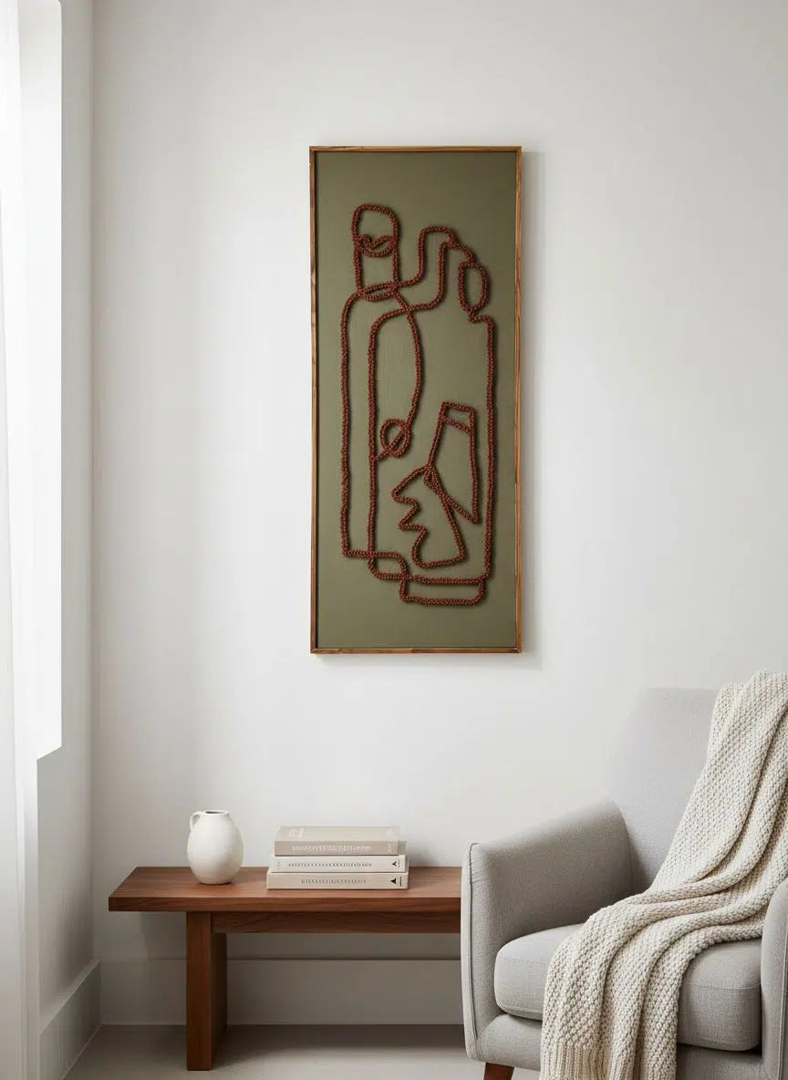 tableau décoratif labyrinthe artisanal 40x100cm en lin vert