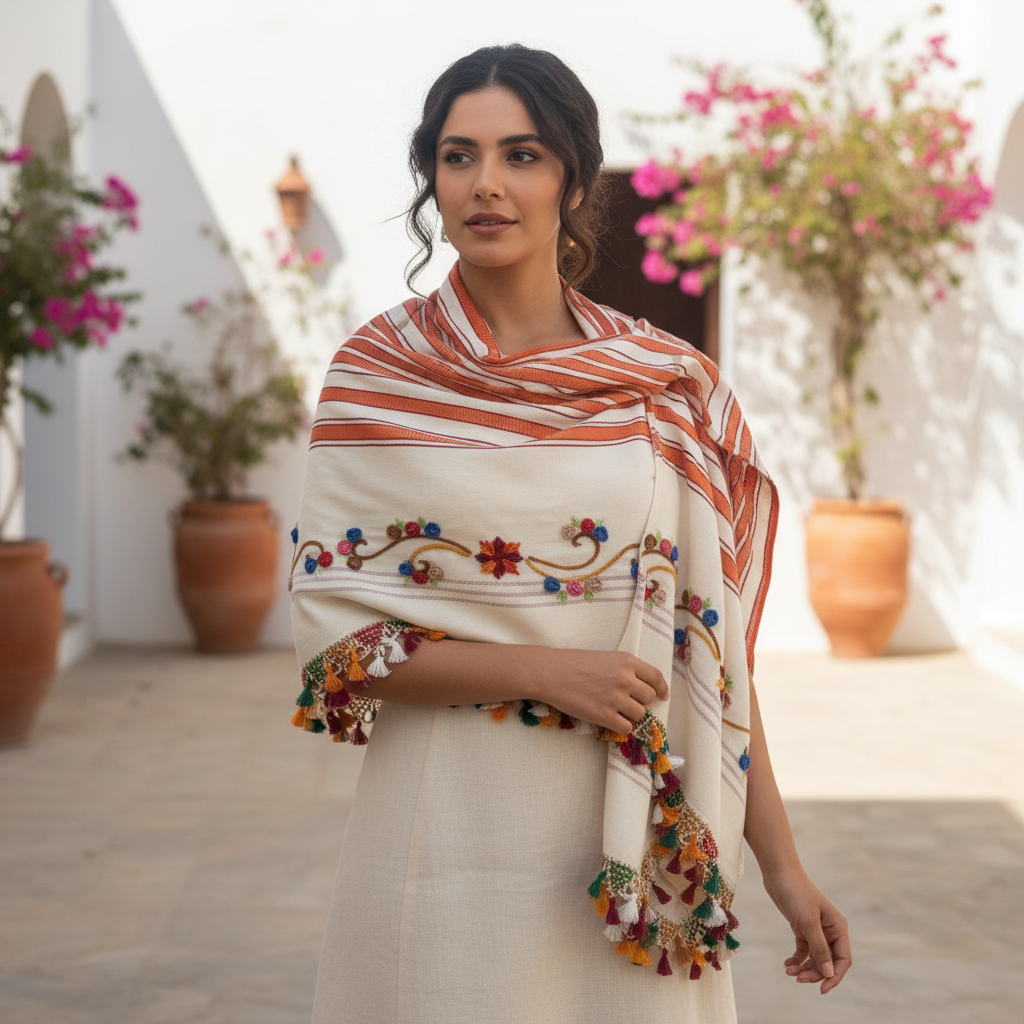 Fouta Djerbienne Chal Djerbien en lin brodé à la main pour un style raffiné et unique 1.5 m x 4 m