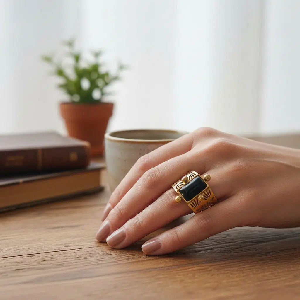 bague ajustable en acier inoxydable et agate noire