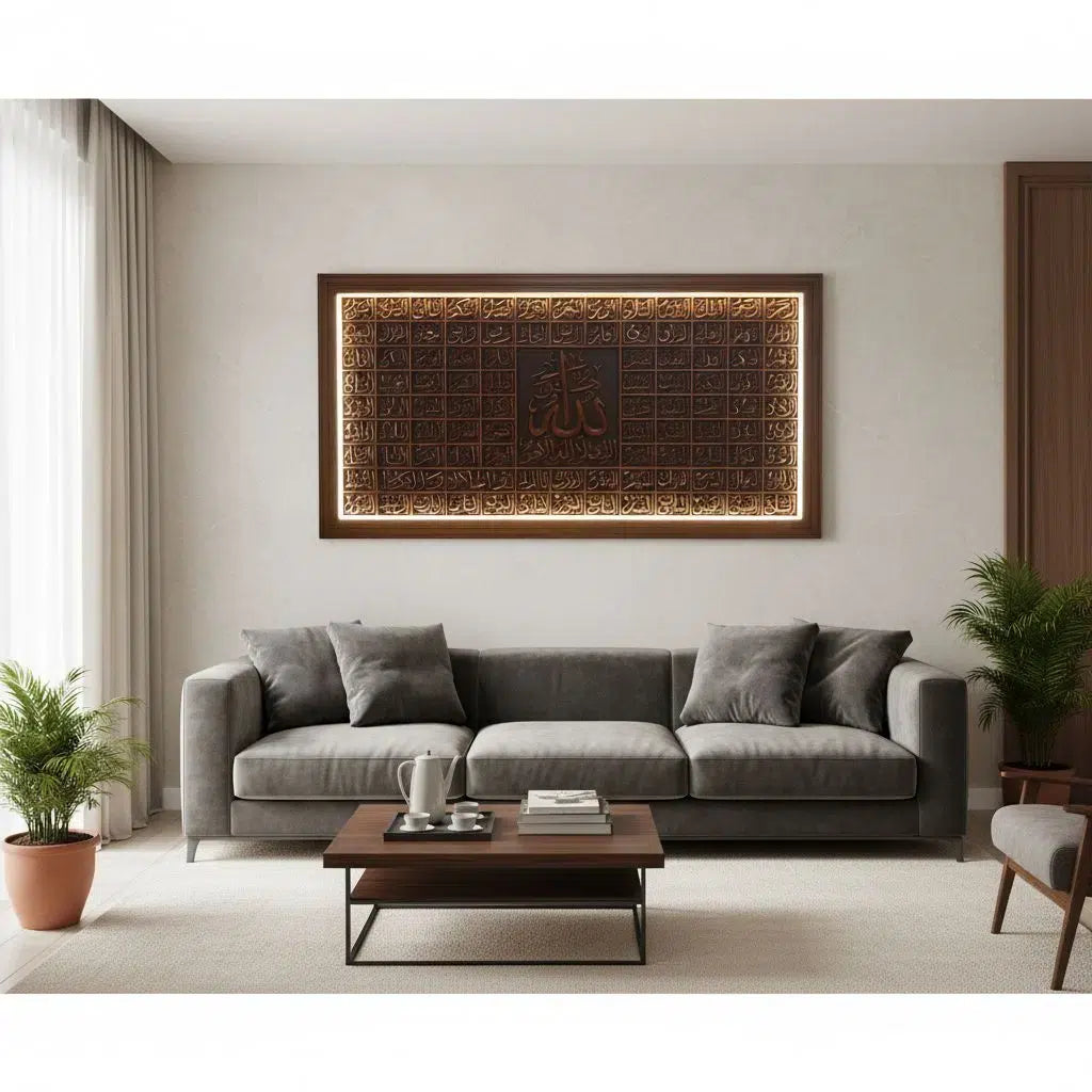 tableau islamique en bois sculpté avec éclairage élégant 110x210cm