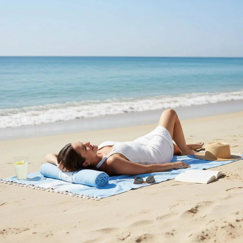 Fouta éponge bleue rayée blanche en coton haut de gamme (1 x 2 m)