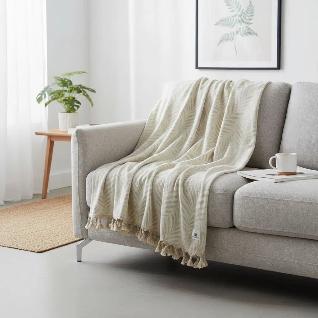 Jeté en coton recyclé motif feuille luxe (1.50 x 2 m)