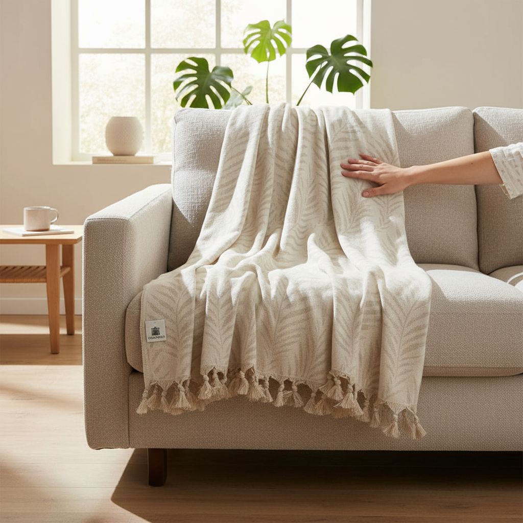 Jeté en coton recyclé motif feuille luxe (1.50 x 2 m)