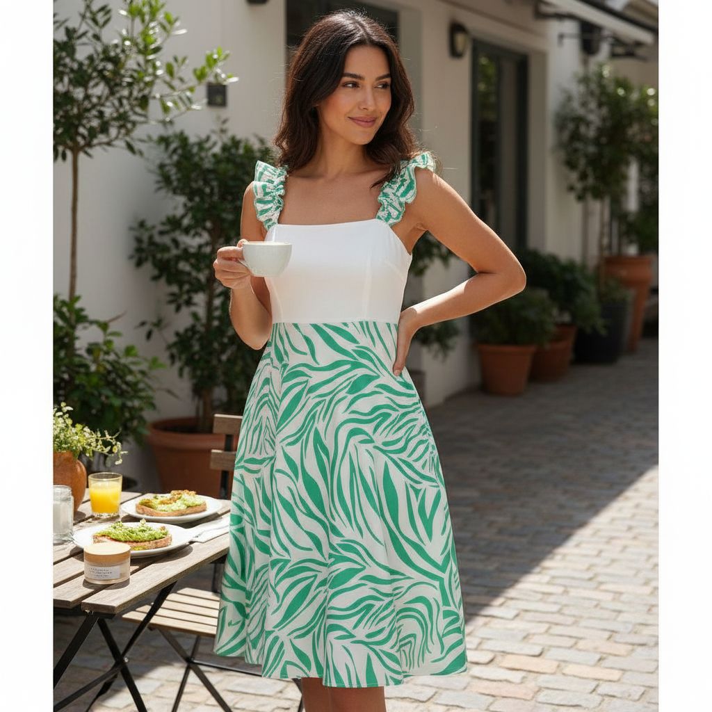 Robe évasée verte et blanche taille 40 pour un style irrésistible