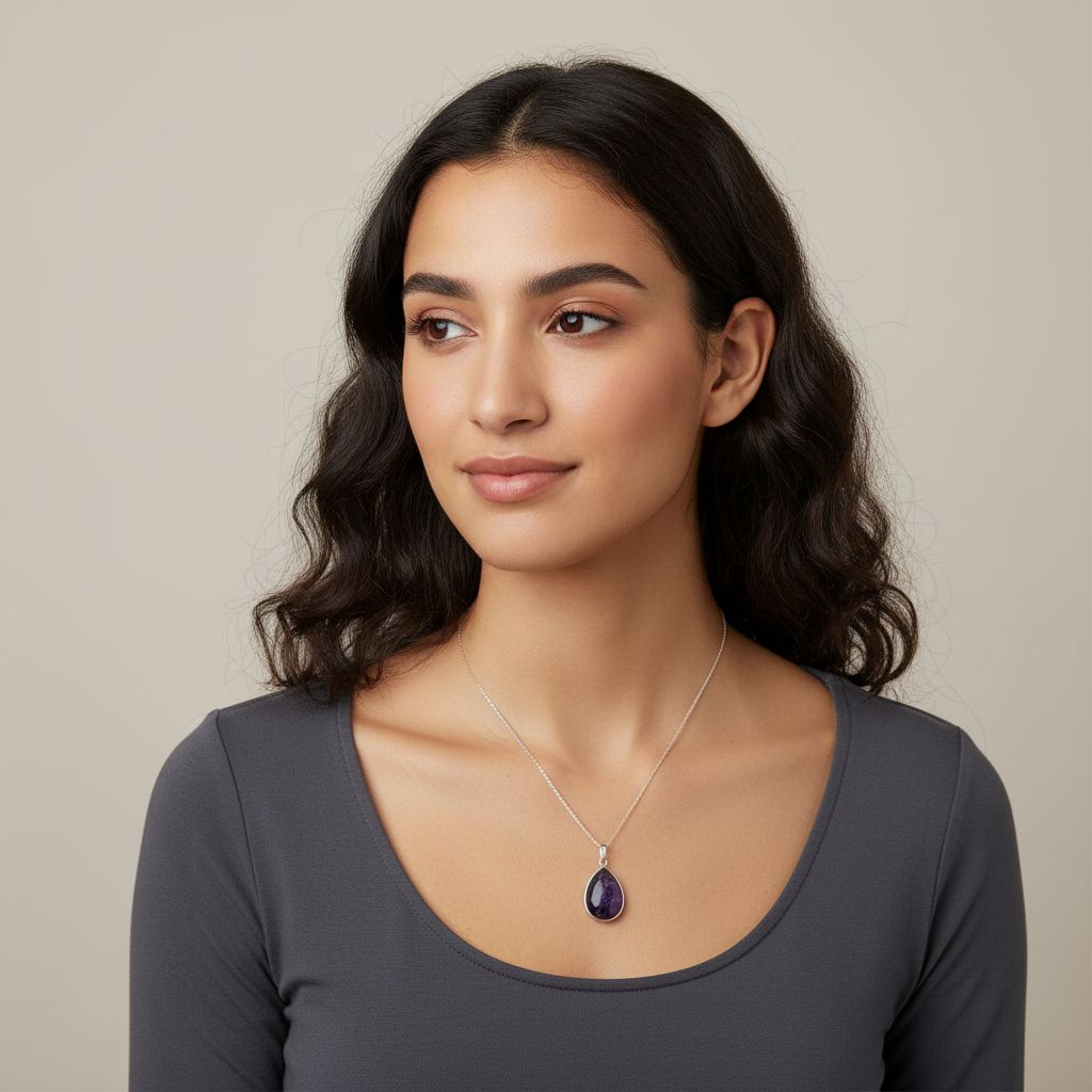 collier en argent 925 sublimé par un pendentif Améthyste naturelle sous forme de goutte