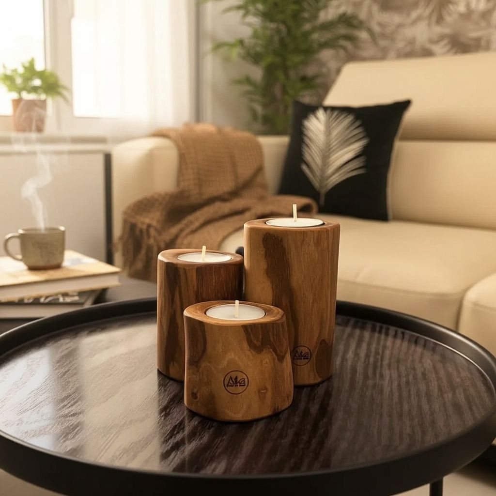 Olive Wood Candle Holder Trio - Handcrafted and Natural