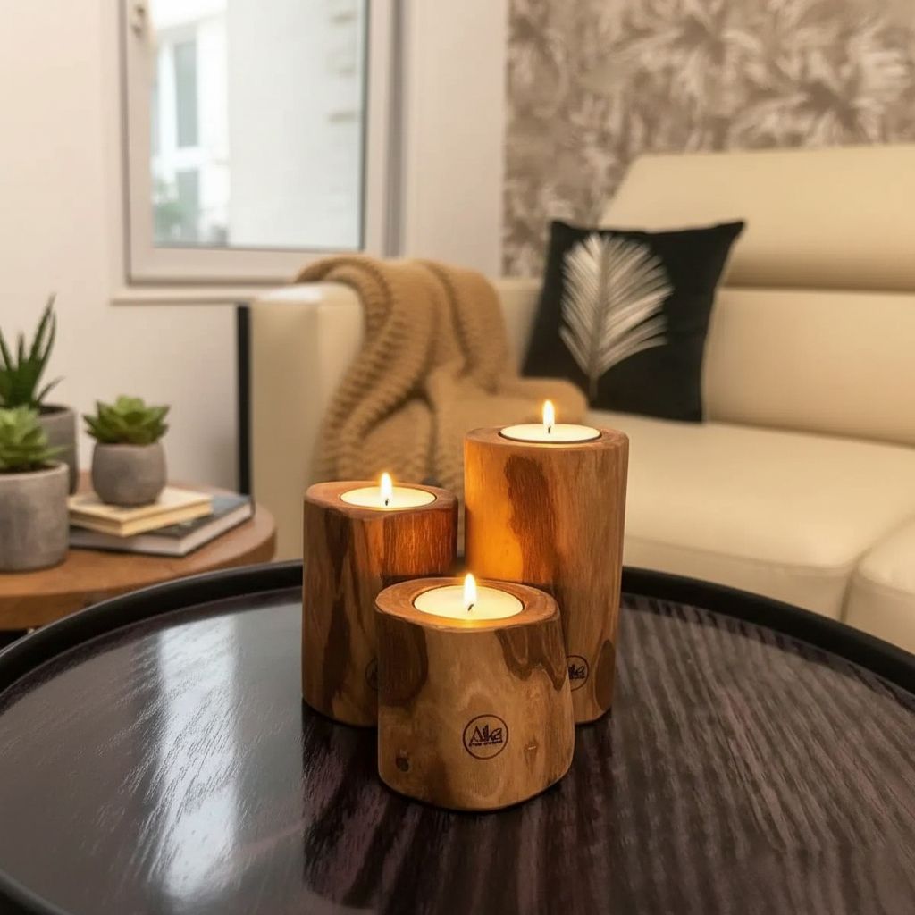 Olive Wood Candle Holder Trio - Handcrafted and Natural