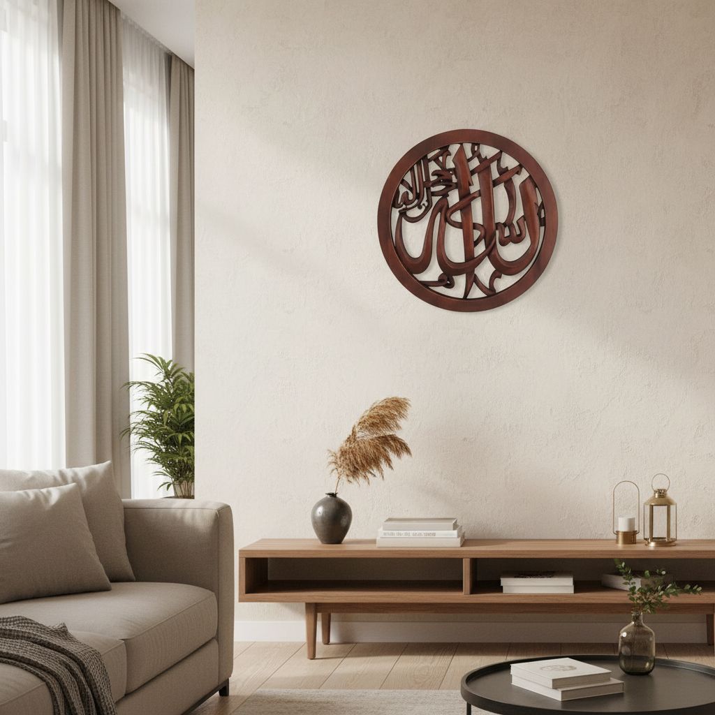 Tableau Islamique rond en bois dure sculpté à la main "الله جل جلاله"