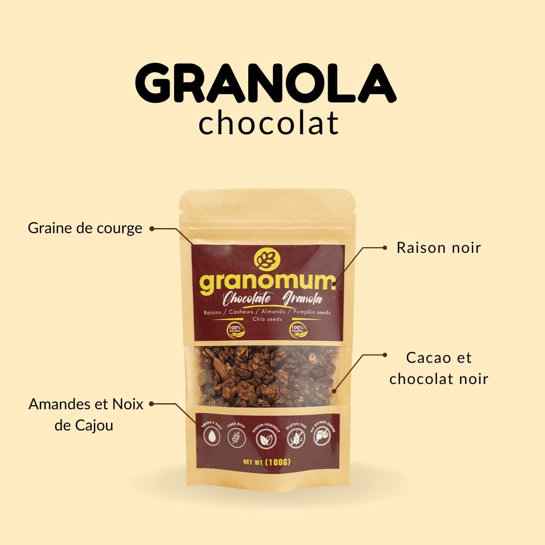 Granola chocolat 100% naturel (Végan, sans gluten, sans sucre raffiné) - artisanat Tunisien fait main | ILEYCOM