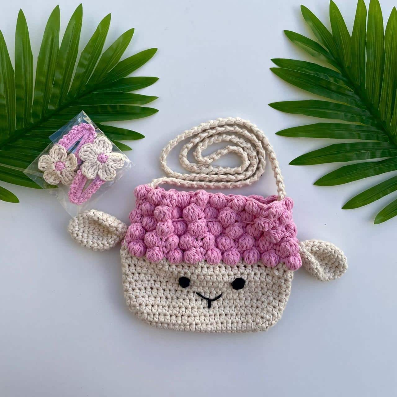 Children's crochet bag - Cotton sheep design (Pink, Black, Fuschia or Grey)