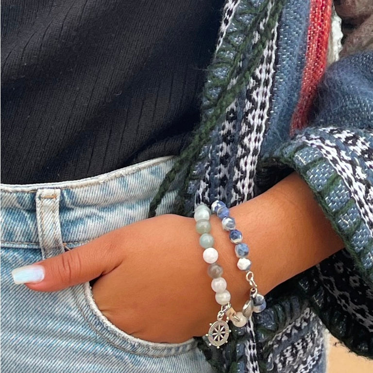 BRACELET JOIE&BONHEUR en pierres Aigue marine bleu unisexe avec pendentif et fermoir Argent 925