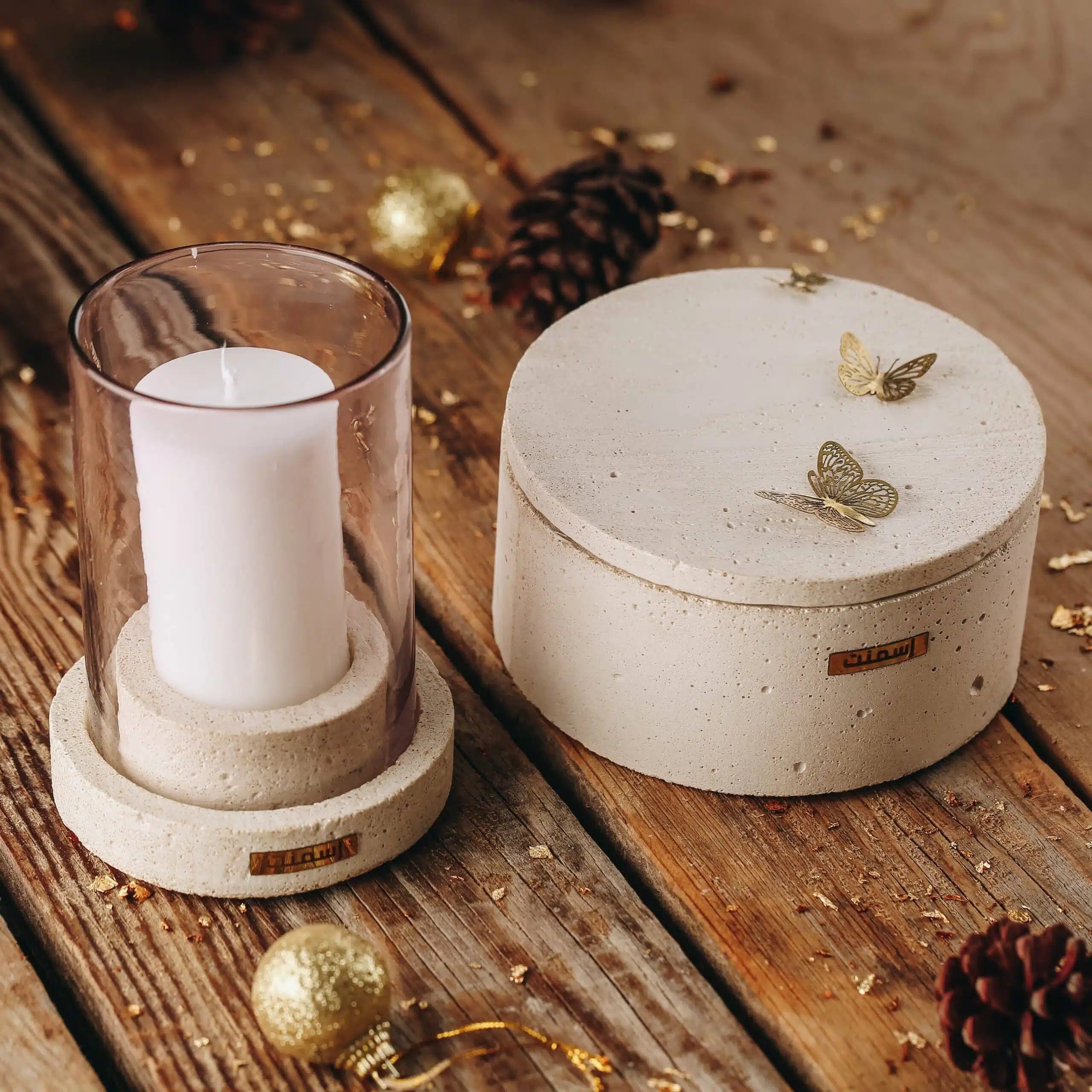 Pack Envol – Coffret cadeau avec boîte en béton et bougeoir en verre soufflé (S ou L)