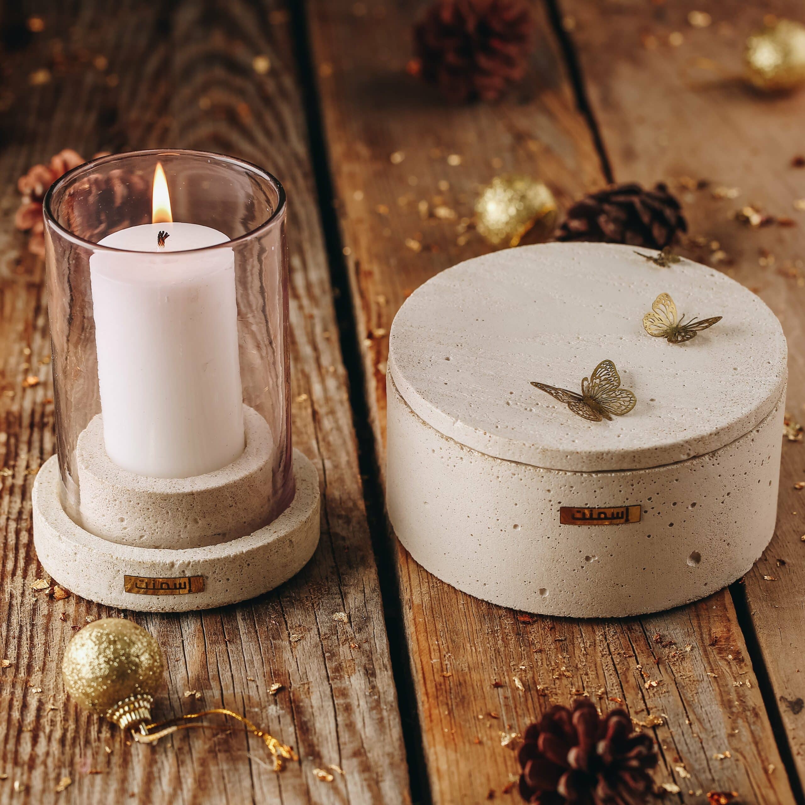 Pack Envol – Coffret cadeau avec boîte en béton et bougeoir en verre soufflé (S ou L)